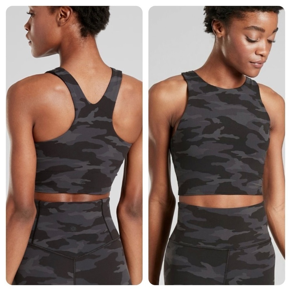 NWT Athleta Conscious Printed Crop Tank Bra Top Black Camo Print Small Racerback